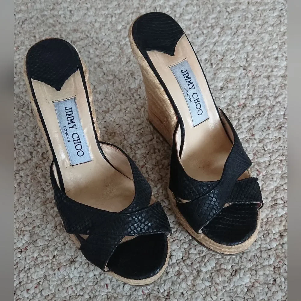 JIMMY CHOO black Snakeskin Animal Print Espadrilles size 36.5